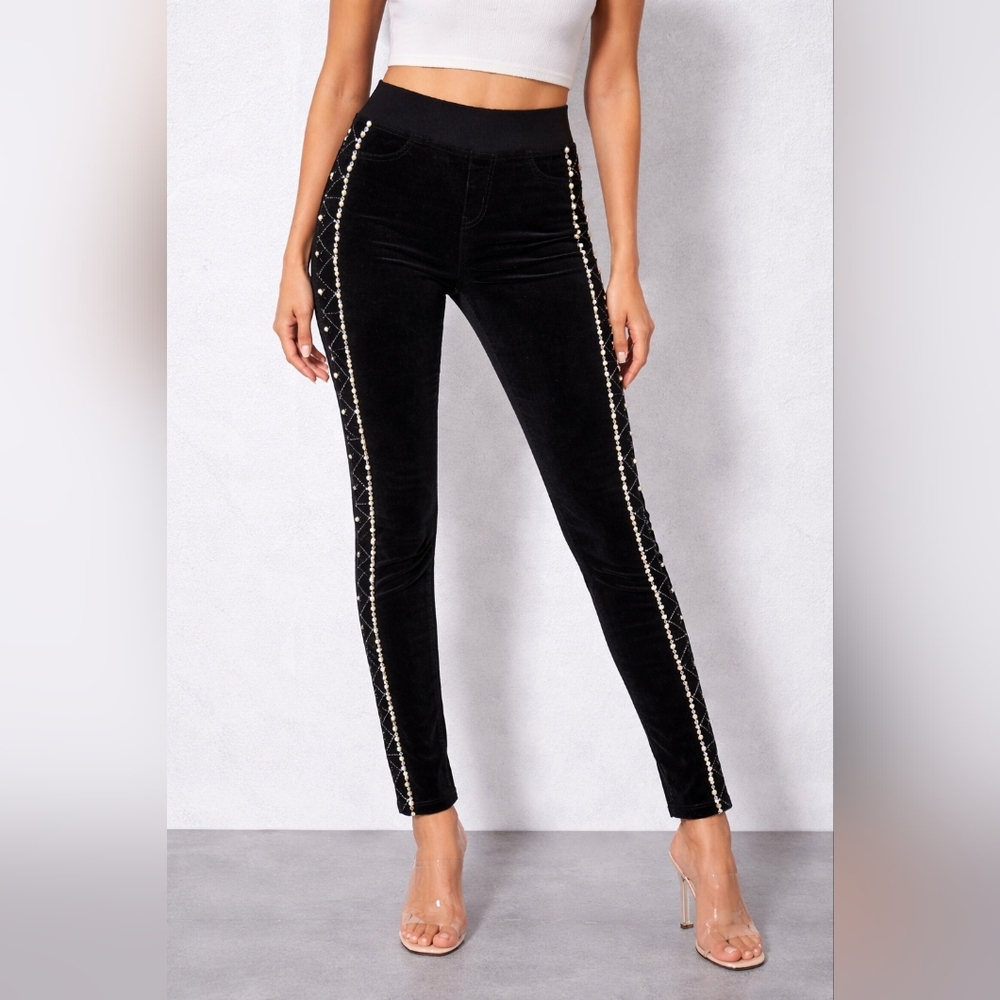 Boston Proper Black Velvet Pearl & Rhinestone Tuxedo Stripe Skinny Leggings